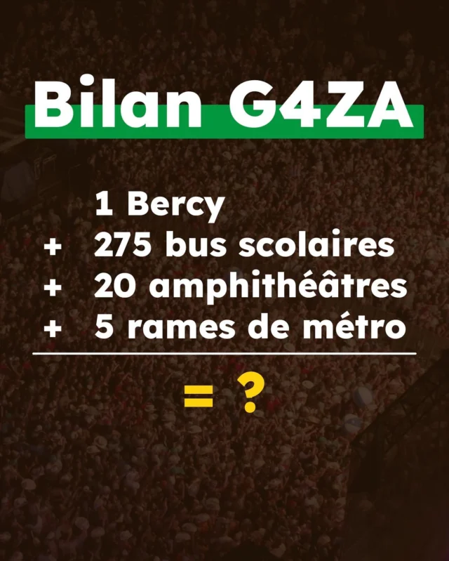 💭 Imaginez un instant... Un Bercy plein à craquer, 275 bus scolaires chargés, 20 amphithéâtres bondés, et 5 rames de métro remplies. Ce ne sont pas des chiffres anodins, mais une triste réalité. Ces espaces que nous connaissons bien représentent le nombre de vies perdues à G4za.

⚠️ 45000. C’est le nombre de personnes m0rtes à G4za.

Derrière ces chiffres, des hommes, des femmes et des enfants, chacun avec une histoire, des rêves, des familles. La vie à G4za ne se mesure plus en jours, mais en absences.

🟢 N’oublions pas. Continuons d’agir.

 #CaravanesSolidaires #NousEnsemble #viequotidienne #statistiques