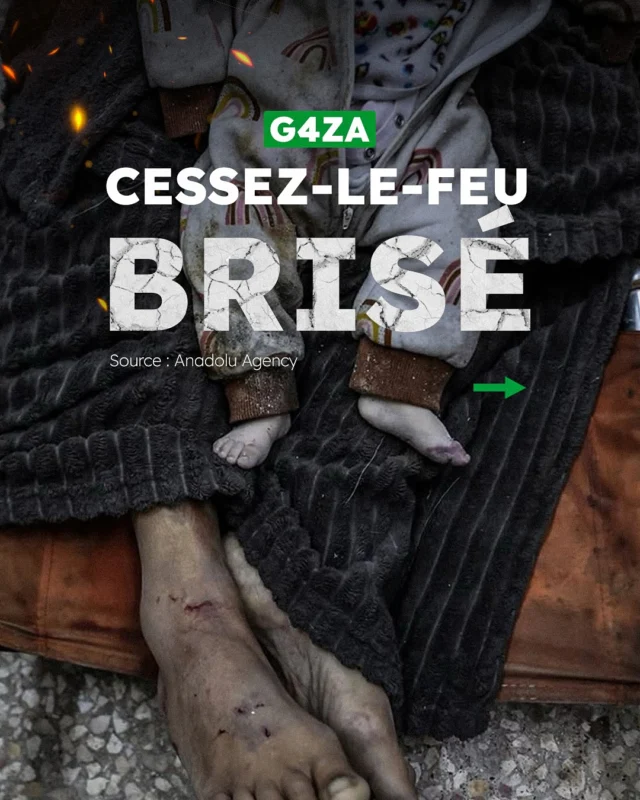 🕊️ UN CESSEZ-LE-FEU BRISÉ – PLUS DE 330 M*RTS 💔
Les frappes les plus vi*lentes depuis l’entrée en vigueur de la trêve ont frappé G@za, causant la m*rt de plus de 342 personnes, principalement des enfants, des femmes et des personnes âgées.
Alors que l’espoir d’une paix durable s’amenuise, l’urgence humanitaire s’aggrave. Les appels à la fin des vi*lences se multiplient, mais la situation reste critique.
📢 La communauté internationale doit agir pour protéger les civils et mettre un terme aux souffrances.
🟢✊🏼 Partagez
#CessezLeFeu #Paix #Humanité #Solidarité #nousensemble #caravanessolidaires