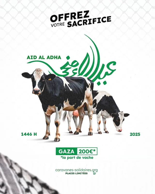 ⚠️ Derniers jours pour réserver votre sacrifice de l’Aïd ! 🐑
❌ Yémen : Réservations clôturées ❌ Syrie : Réservations clôturées 🟢 Gaza : 200 € la part de vache
⏳ Il ne reste plus que Gaza… les réservations seront bientôt fermées !
Réserver dès maintenant, c’est nous permettre d’organiser une mission plus efficace sur le terrain.
📍Lien en bio ou directement sur : www.caravanes-solidaires.org
#CaravanesSolidaires #NousEnsemble