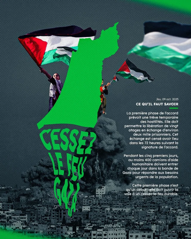 🟢 Première étape d’un cessez le feu
 👉 La libération des otages devrait commencer dès lundi, 👉 tandis que les forces d’occupation israéliennes se retireront jusqu’à une ligne convenue.
Une première avancée fragile mais essentielle vers la paix et la protection des civils.
 #nousensemble
