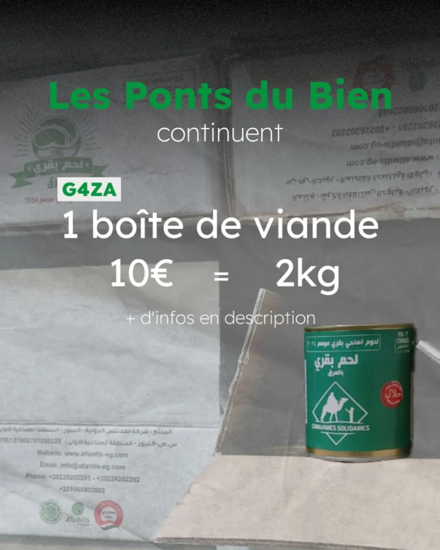 Dans la continuité de notre opération pour l’Aïd, nous continuons la mise en conserve de viande à destination du peuple palestinien. 
Une boîte de conserve de 2kg coûte 10€ à financer, et permet à une famille de se nourrir avec une nourriture riche et saine. 
Pour nous aider, vous pouvez faire un don sur le fonds d’urgence, disponible sur notre site web caravanes-solidaires.org.
#NousEnsemble #CaravanesSolidaires